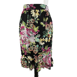 Elementz Skirt sz Large Black Pink Green Floral Sheer Knee Ruffle Modest Wedding